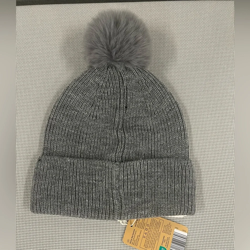 Unisex Game Day knit hat / beanie. Grey w/black embroidery. Faux fur pompon. NWT